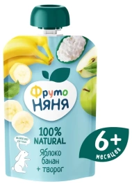 Пюре яблочно-банановое с творогом 90г пауч