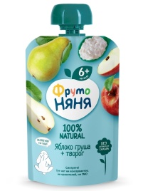 Пюре яблочно-грушевое с творогом 90г пауч
