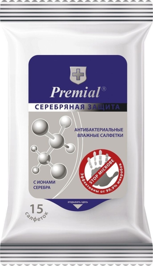 Салфетки влаж антибакт Серебр защита 15шт Premial фото 1